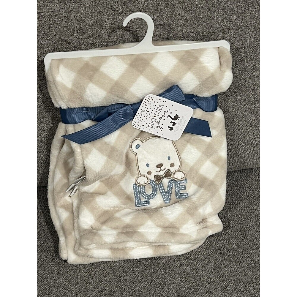 Duck Duck Goose Teddy Bear Embroidered Baby Blanket Love Diagonal Stripes New
